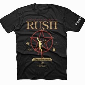 Rush x Henderson Golden Ale beer t-shirt band tee Geddy Lee  Neil Peart Lerxst
